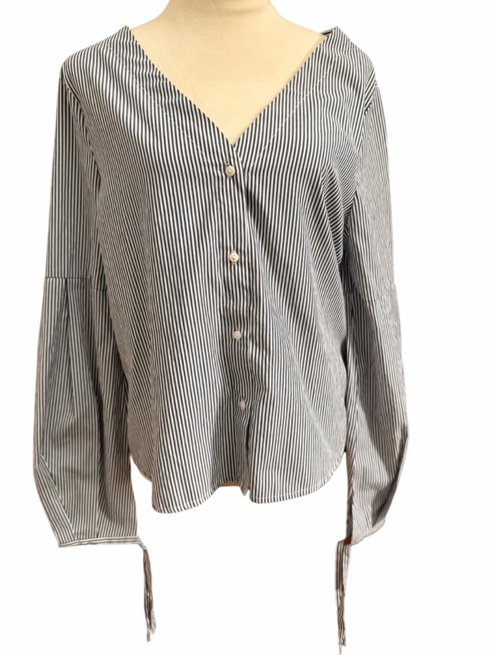 ZC Large Balloon-Sleeve Button-Up Shirt Black White Stripe Blouse Tie Cuff